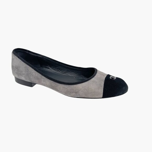 Chanel CC Gray Suede Black Cap Toe Ballet Flats Shoes Size 39 US 8-8.5 Logo - Picture 10 of 15
